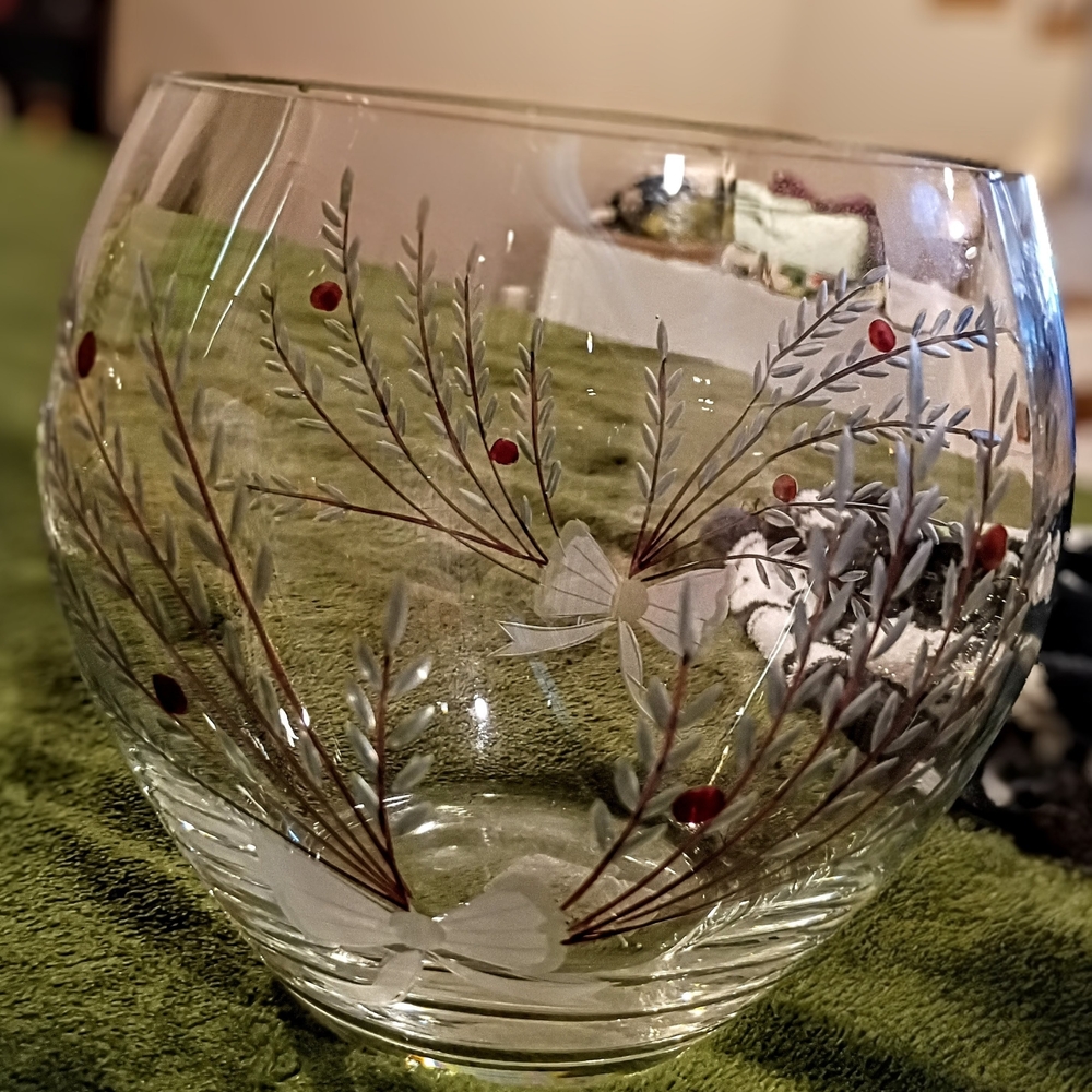 Decorative Glass Vase with Red and White Accents